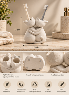 Sarılmış Kediler Figürlü Diş Fırçalığı – Çift Hazneli Banyo Organizeri 13×13 cm