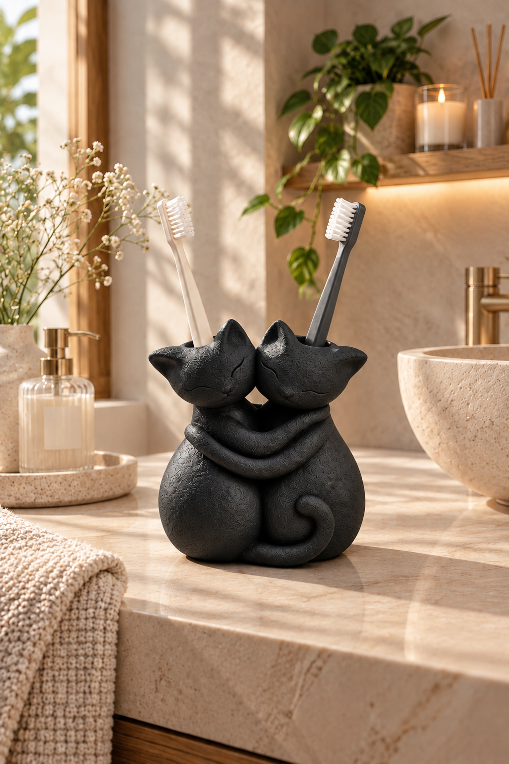 Sarılmış Kediler Figürlü Diş Fırçalığı – Çift Hazneli Banyo Organizeri 13×13 cm