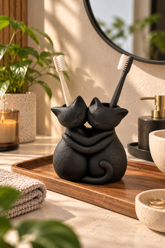 Sarılmış Kediler Figürlü Diş Fırçalığı – Çift Hazneli Banyo Organizeri 13×13 cm