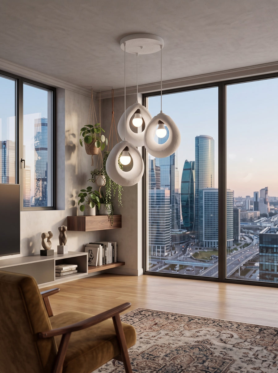 Aera Trio 3'lü organik halka sarkıt avize modern salon görünümü