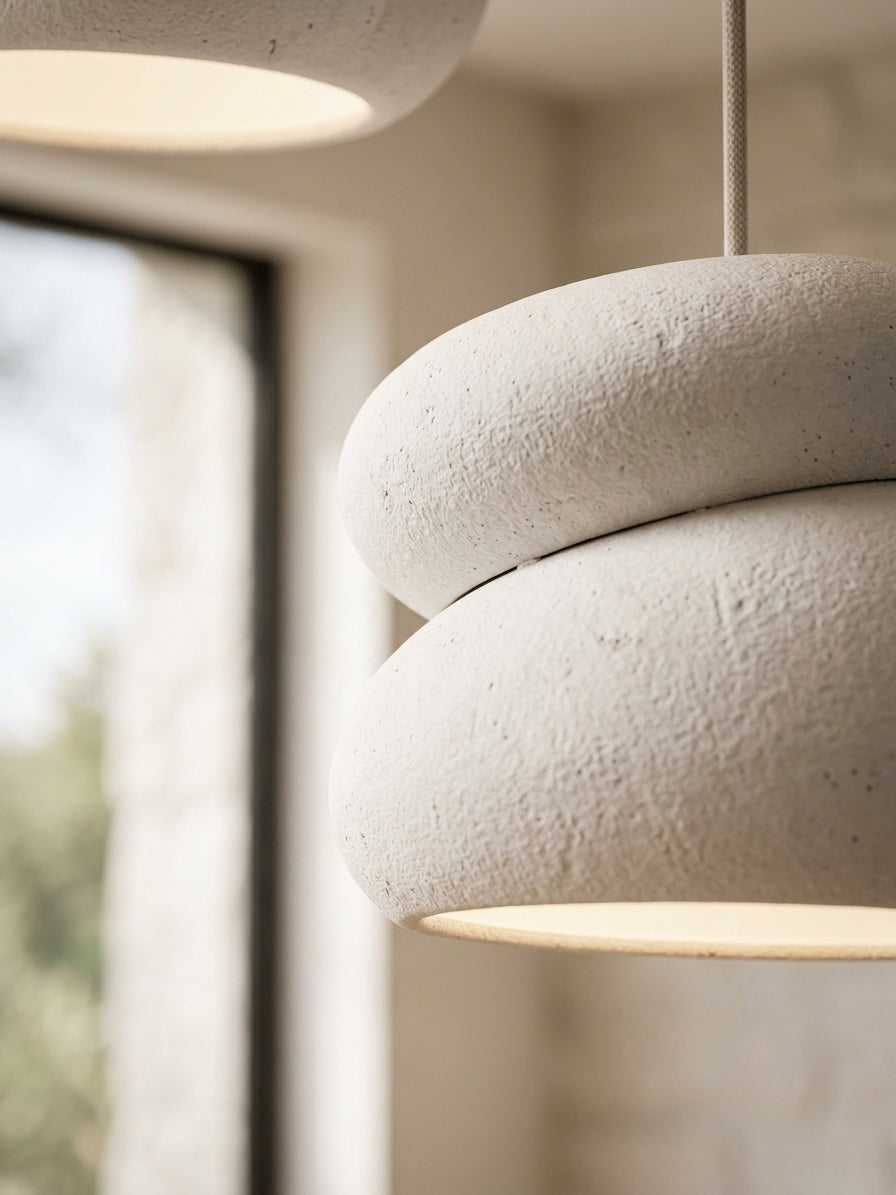 Beton Görünümlü Çiftli Sarkıt Avize – Organik Form 3D Baskı E27 Ampul Dahil