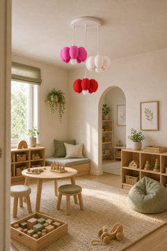 Bloom Trio pembe beyaz kırmızı 3'lü çiçek avize çocuk odası görünümü