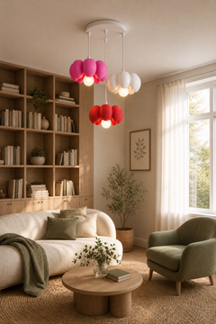 Bloom Trio pembe beyaz kırmızı 3'lü sarkıt avize salon görünümü