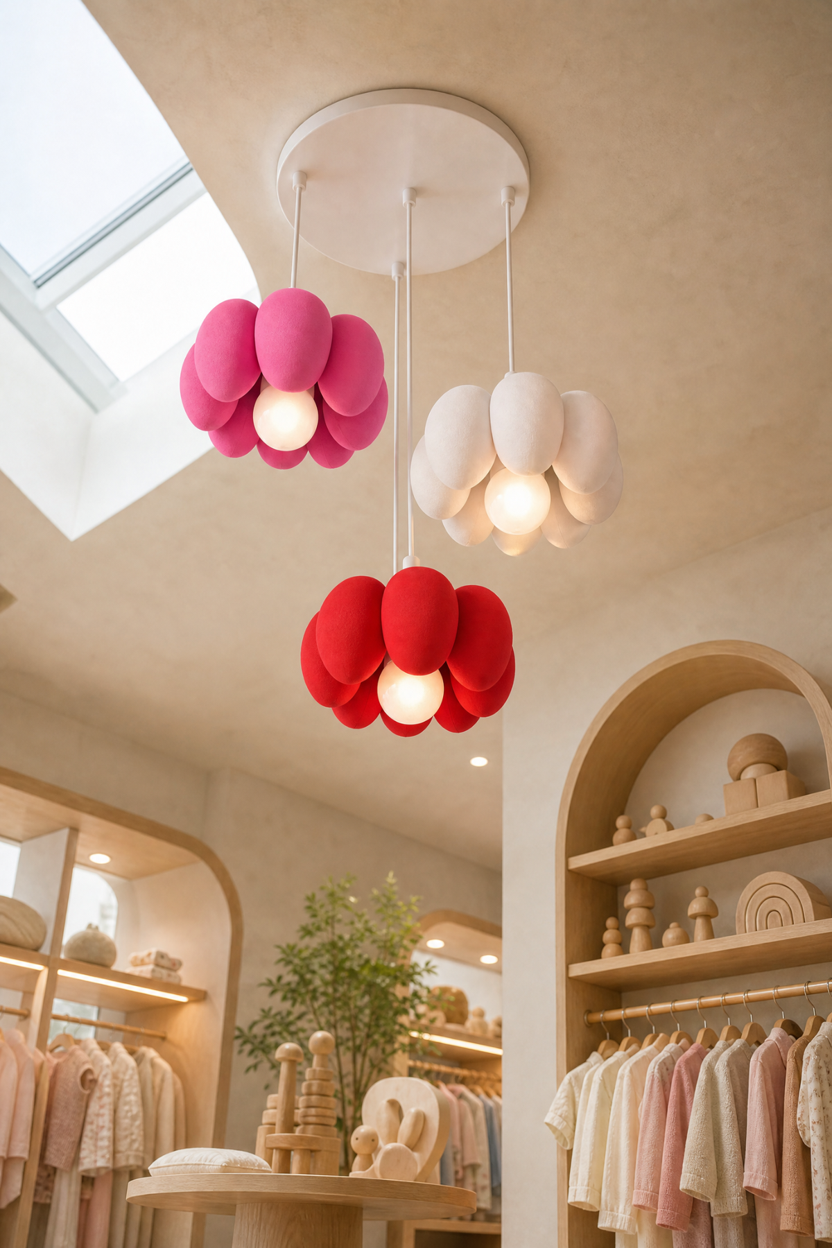 Bloom Trio pembe beyaz kırmızı çiçek sarkıt avize yakın görünümü