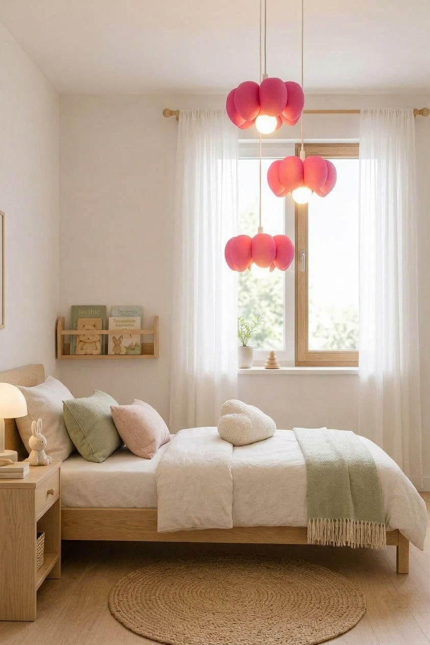 Bloom Trio 3'lü pembe çocuk odası avizesi geniş açı görünümü