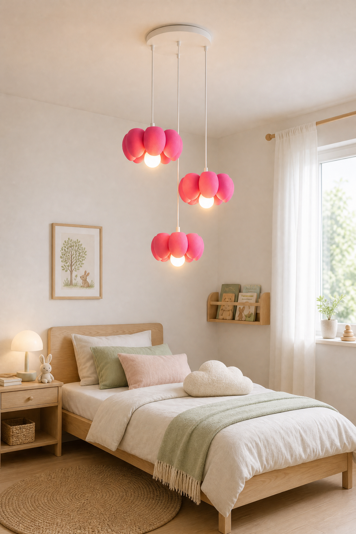 Bloom Trio 3'lü pembe çiçek sarkıt avize çocuk odası görünümü