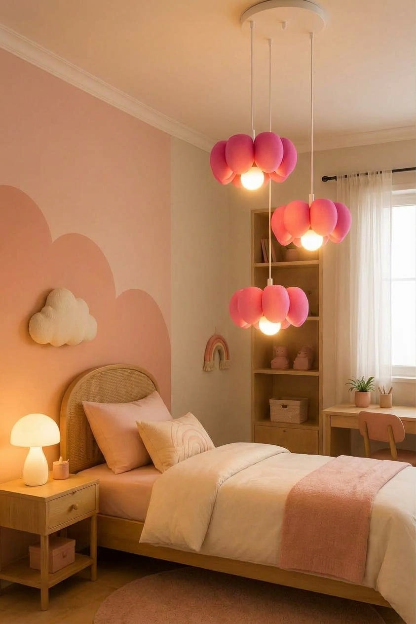 Bloom Trio 3'lü pembe çocuk odası sarkıt avize sıcak ışık görünümü