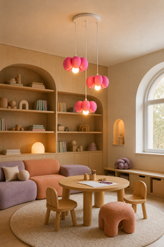 Bloom Trio pembe 3'lü çiçek avize çocuk oyun odası dekorasyonunda