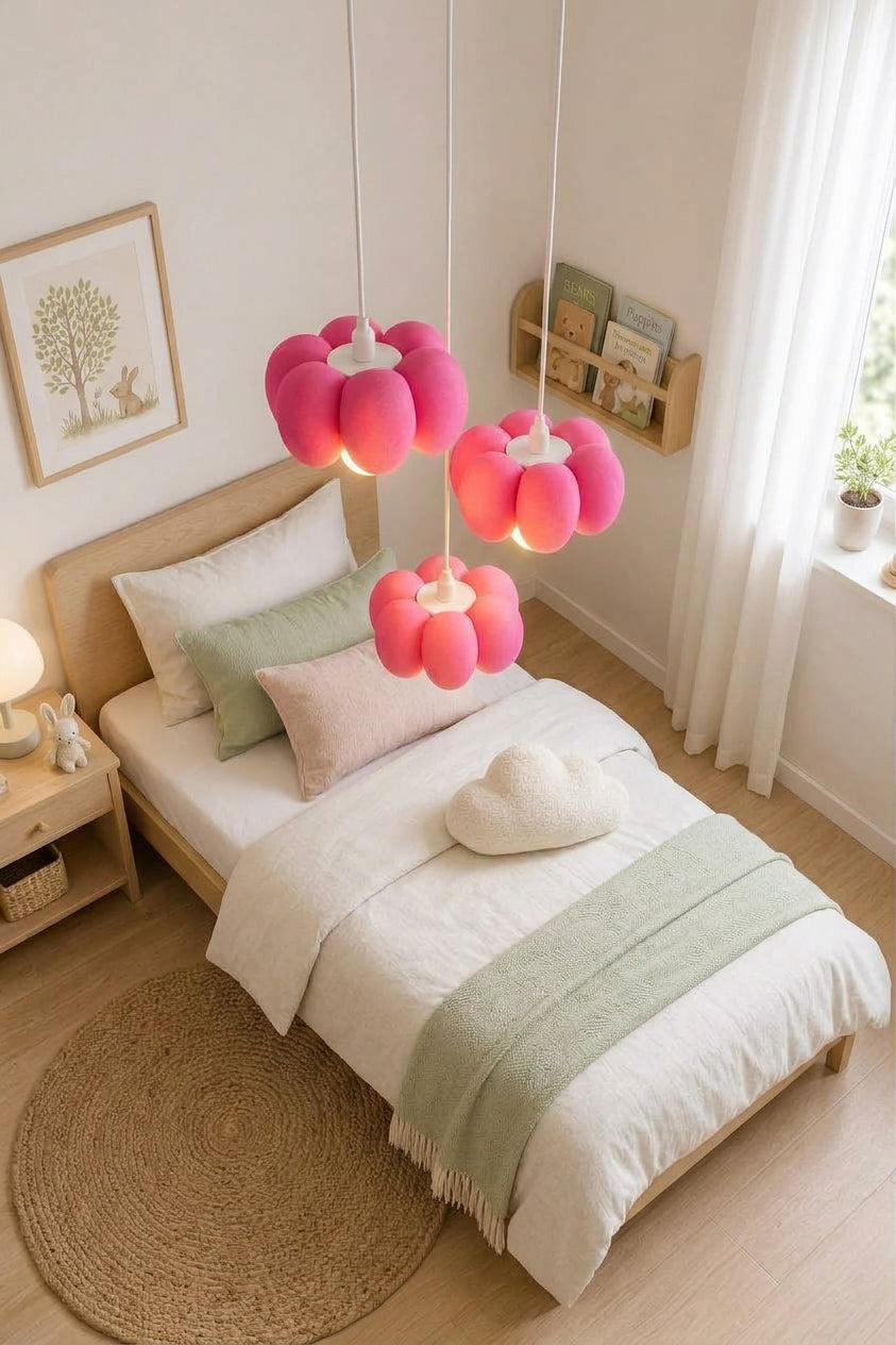 Bloom Trio pembe çiçek form 3'lü sarkıt avize yatak odası görünümü