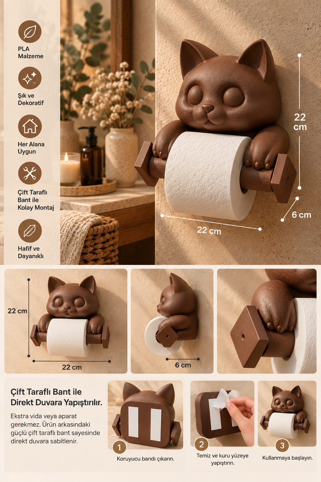 Kahverengi kedi tuvalet kağıdı tutucu 22 x 22 x 6 cm ölçü ve çift taraflı bant montajı