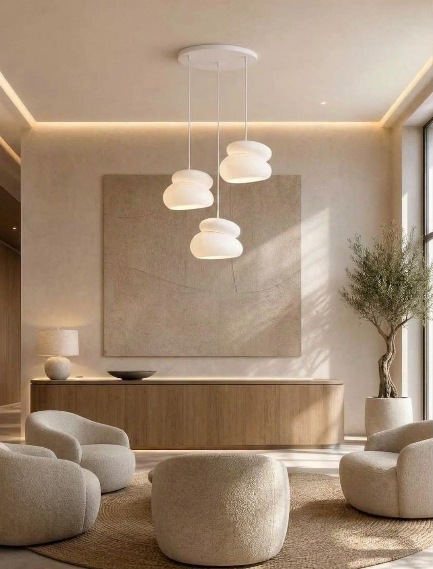 Neru Trio 3'lü beyaz beton görünümlü sarkıt avize modern salon kullanım görünümü