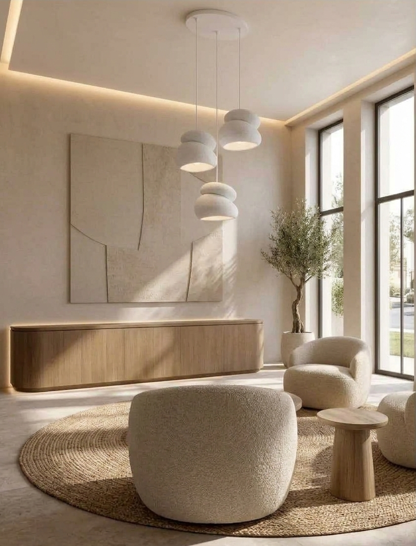 Neru Trio 3'lü beyaz beton görünümlü sarkıt avize salon lifestyle görünümü