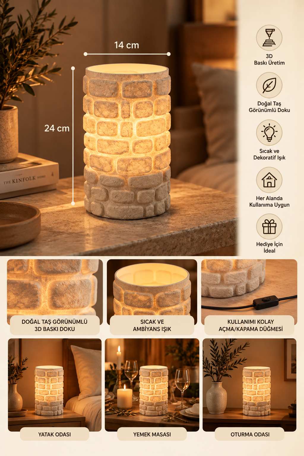 Taş duvar dokulu masa lambası 24 cm yükseklik 14 cm genişlik ölçü ve kullanım detayları