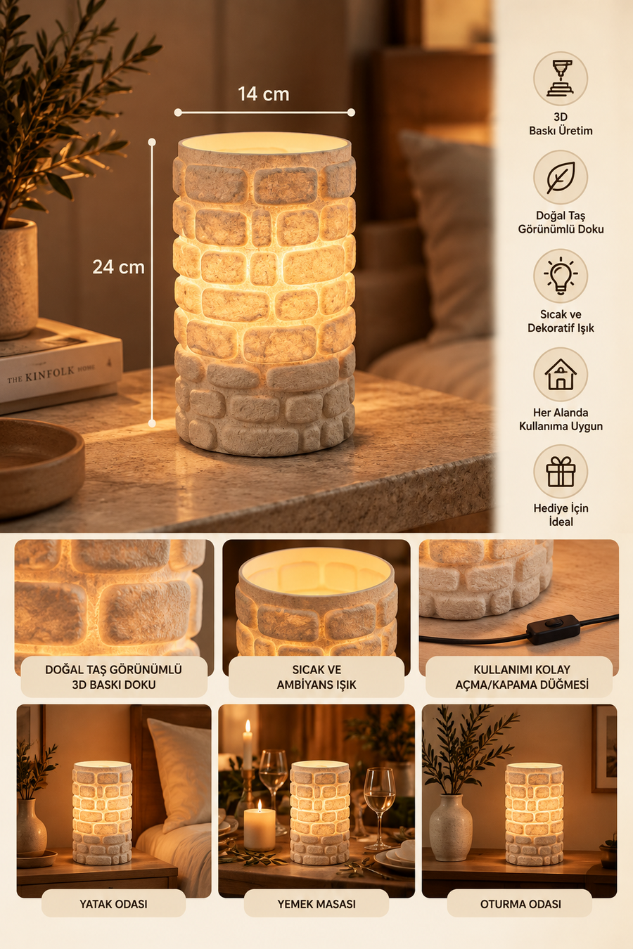 Taş duvar dokulu masa lambası 24 cm yükseklik 14 cm genişlik ölçü ve kullanım detayları